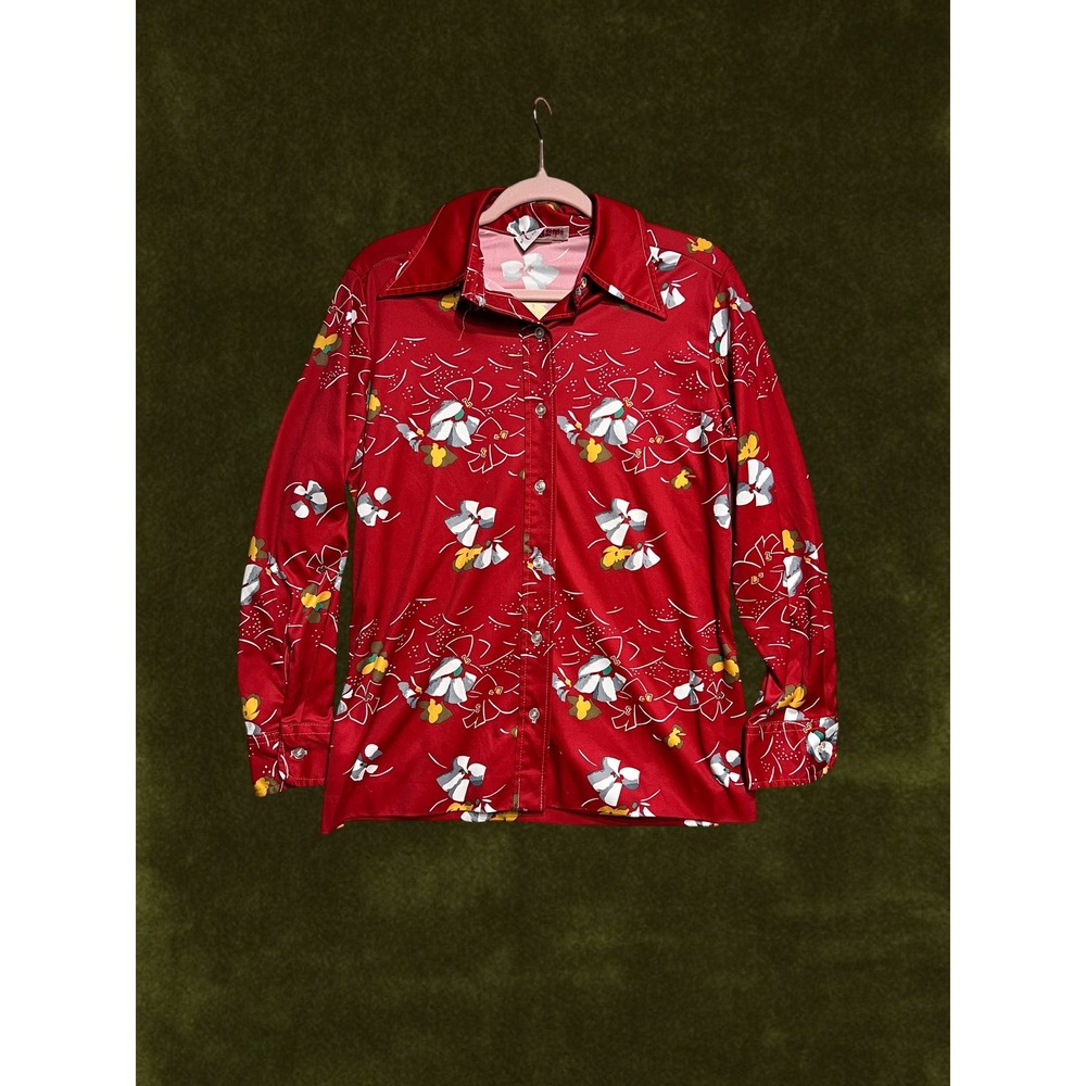 Vintage 1970s Kay Windsor Red Abstract Floral Bow Print Dagger Collar Blouse